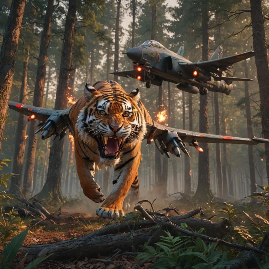 Enraged Tiger Roaring in Sunset Forest Warfare