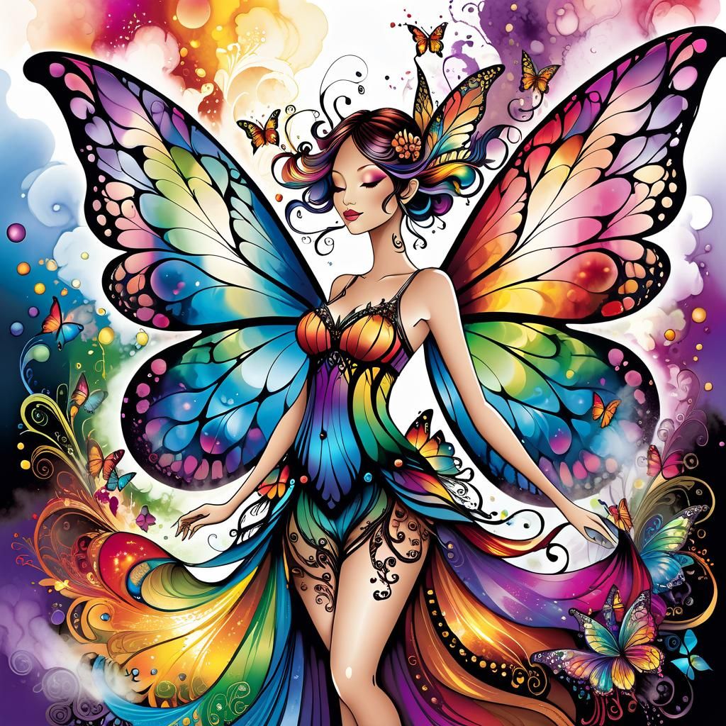 Fairy with Stained Glass Wings in Colorful Smoke