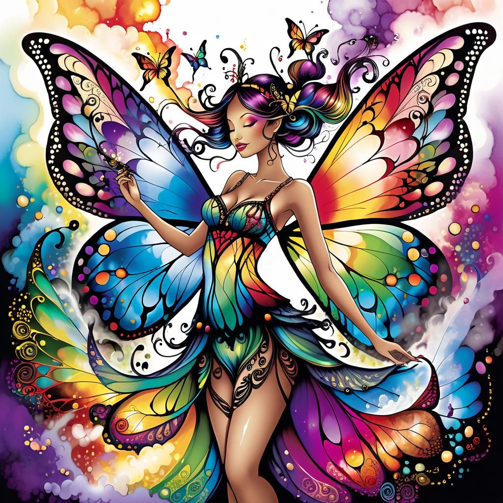 Stained Glass Fairy Dances in Multicolored Smoke