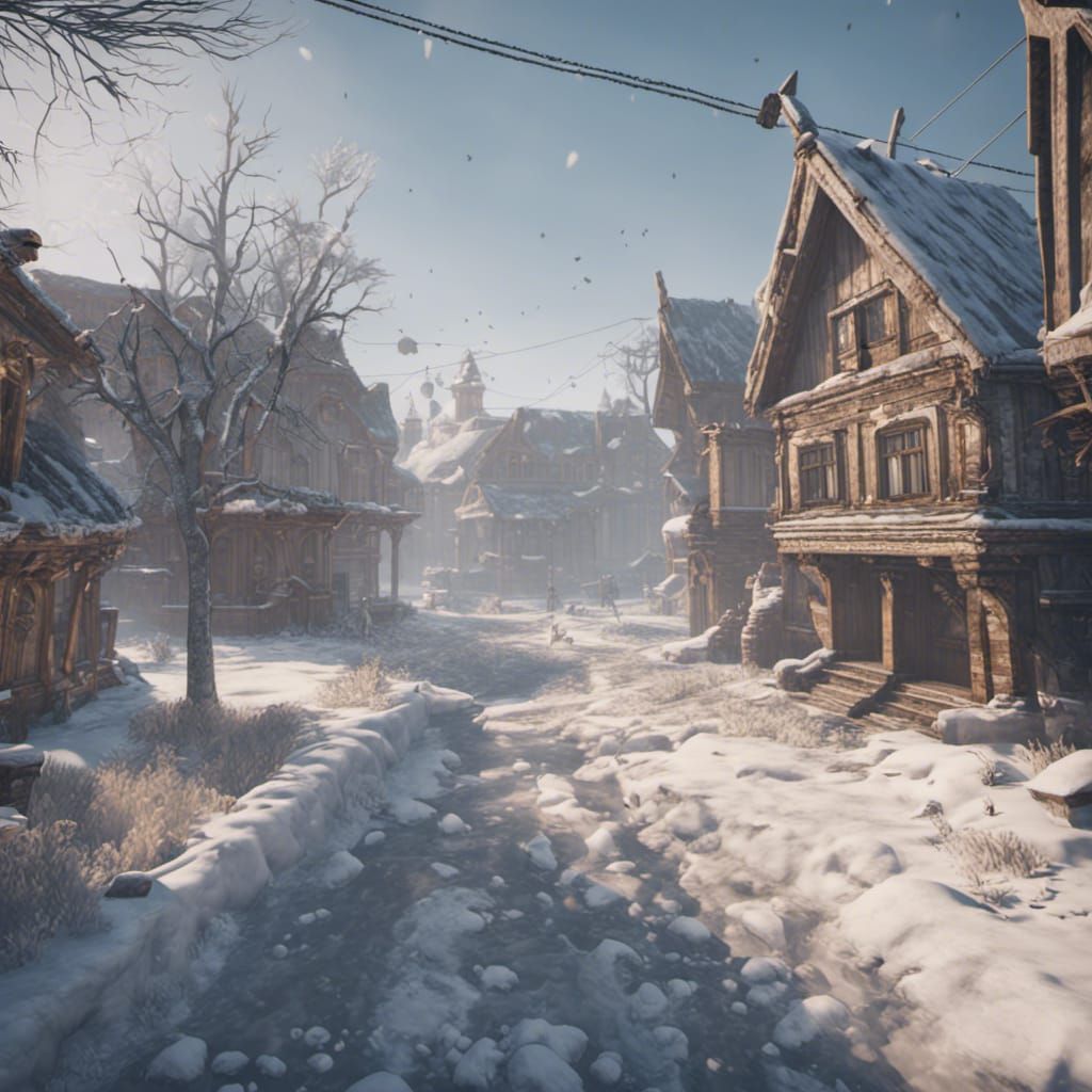 Snowy Ukrainian Town in 3D Game Style