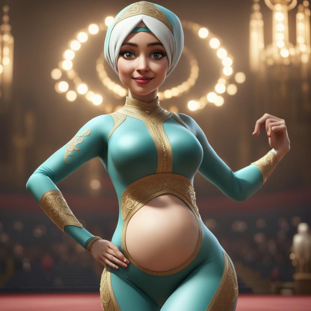 Pregnant Woman in Gymnastics Leotard: Detailed Digital Art