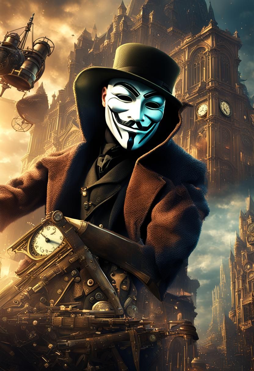 Steampunk V for Vendetta in Vivid Fantasy Scene