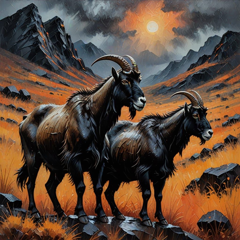 Encaustic Mountain Goats in Rainy Landscape