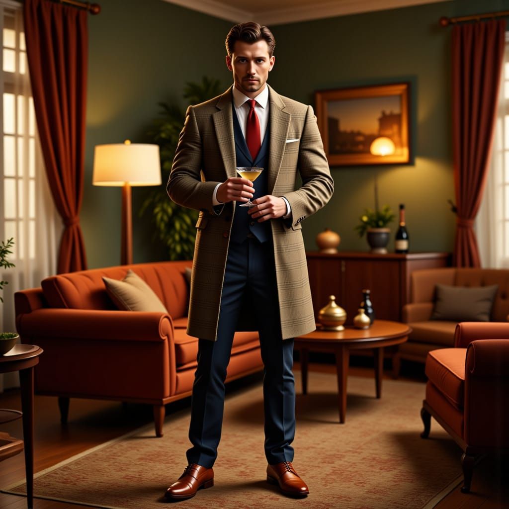 Sophisticated Gentleman Sipping Martini in Retro Living Room