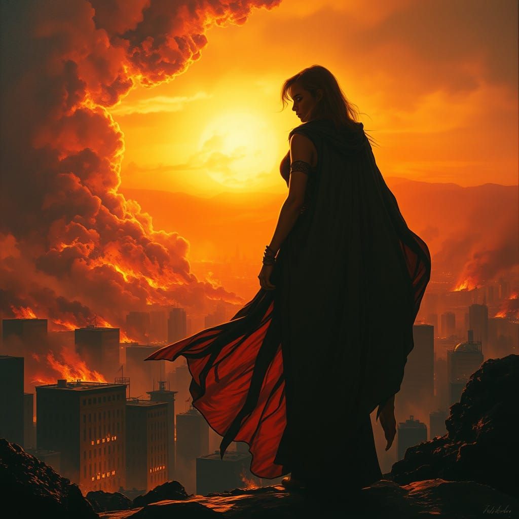 Heroic Woman Defies Blazing Sunset in a Burning City