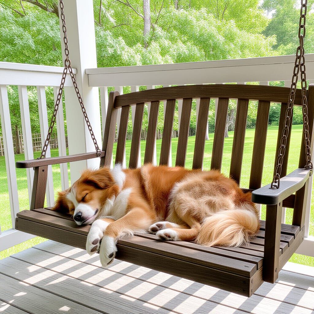 Dog Sleeping on Porch Swing in Sunlight