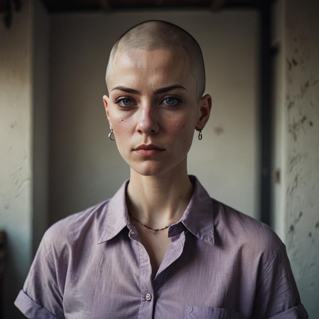 Hyperrealistic Portrait of a Woman with Violet Eyes