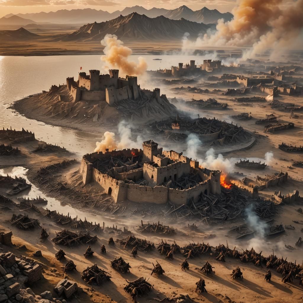 Ravaged Fortress Ablaze: Mongol Invasion Aftermath