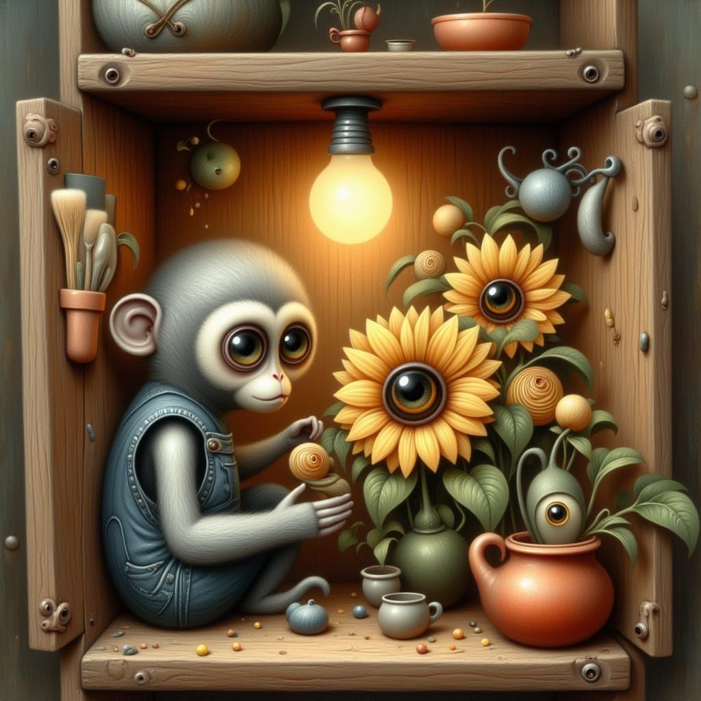 Capuchin Monkeys Tend Sunflowers: Whimsical Rustic Scene