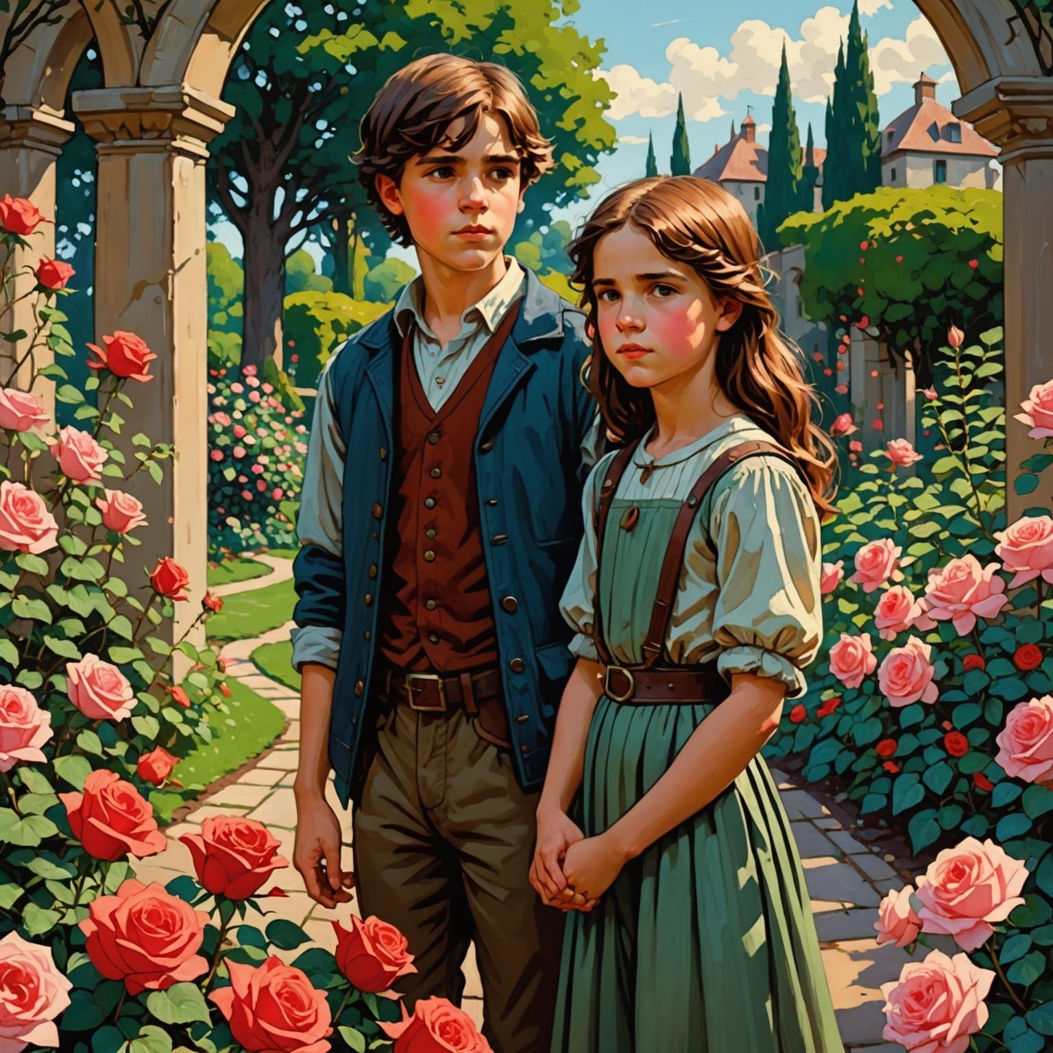 Children in Rose Garden Inspired by Waterhouse