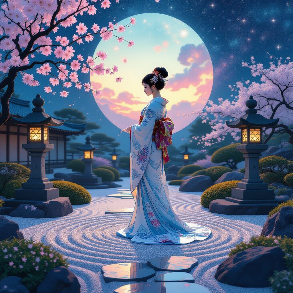 Jugendstil Qigong Girl in Zen Garden at Dusk