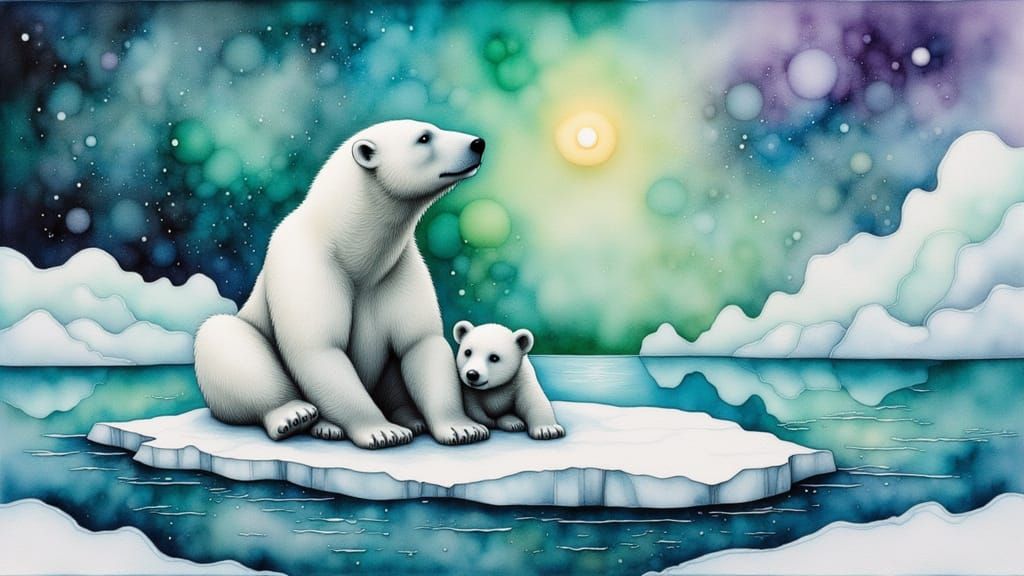 Polar Bear and Cub in Watercolor Chiaroscuro