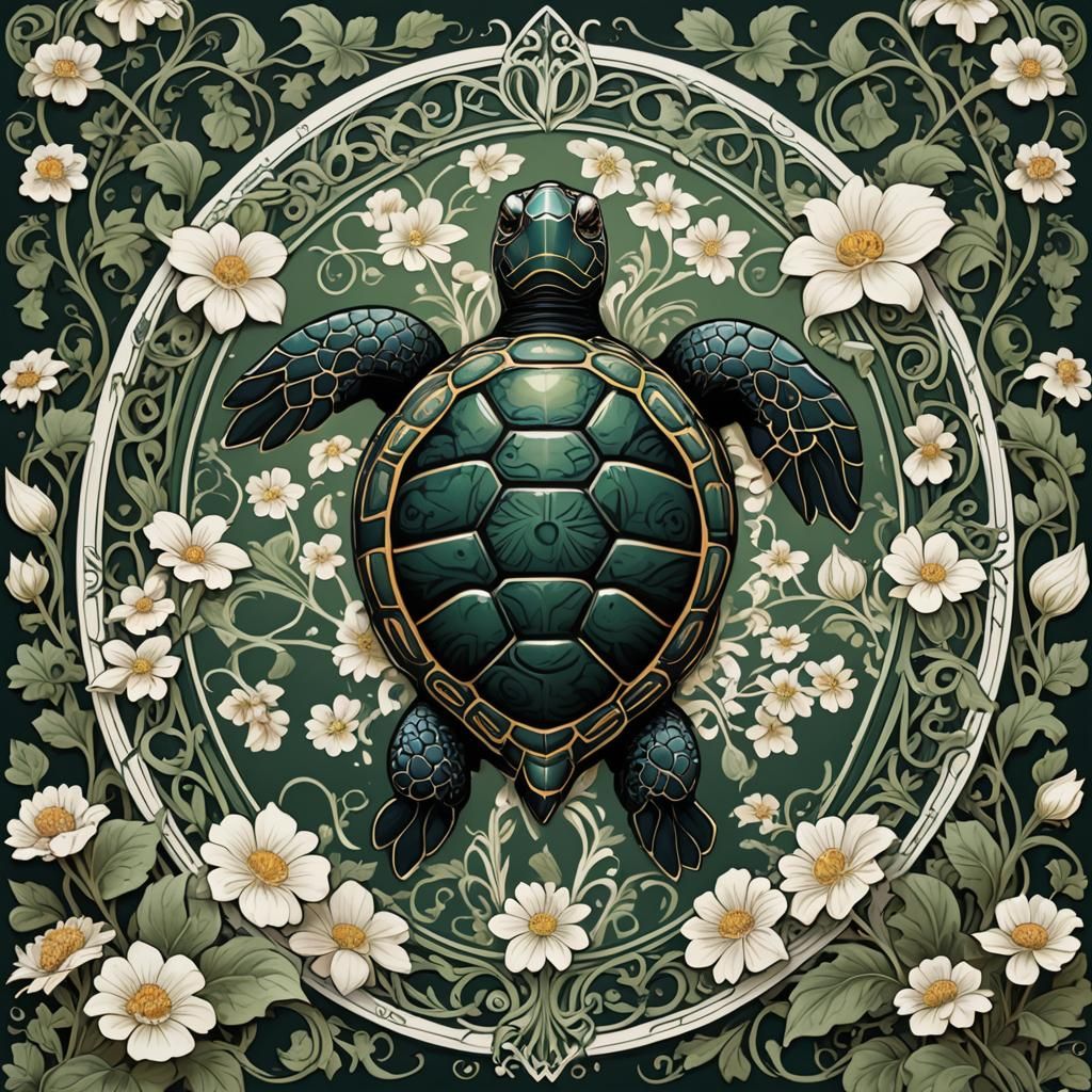 Art Nouveau Turtle Sticker Design with Flowers