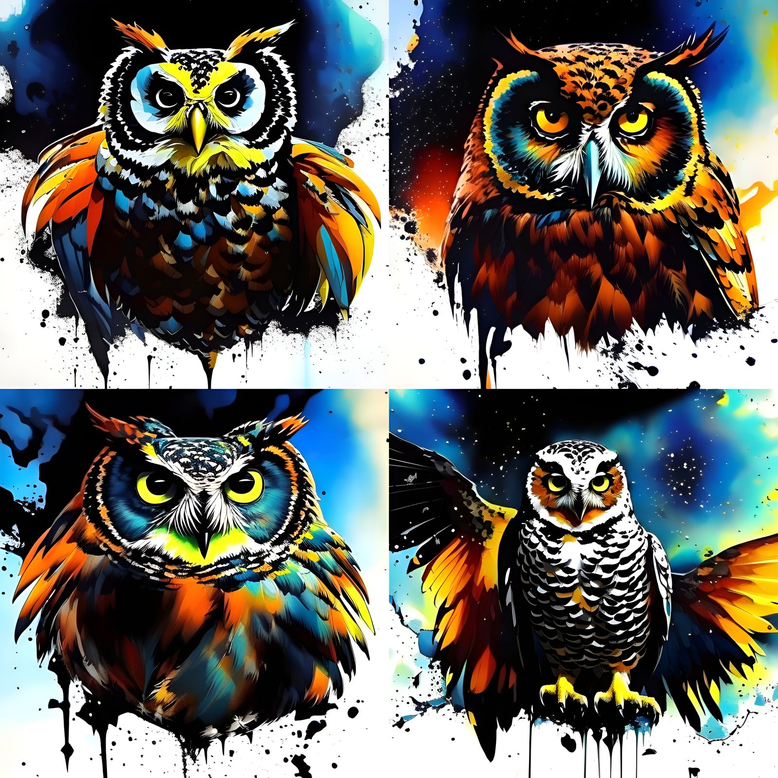 Ink splash technologic Mechanical Owl. Bird of prey Portrait. Alex maleev: psychedelic sky: oil painting: high contrast:...