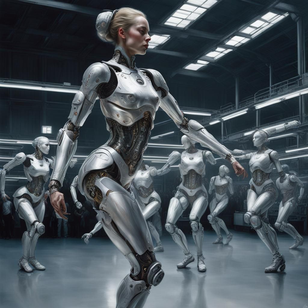 Cyborg Dancing in Factory: Intricate Realism