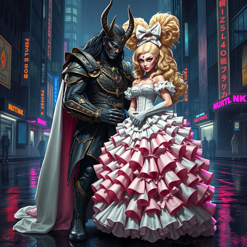 Demon King and Bride in Cyberpunk Cityscape