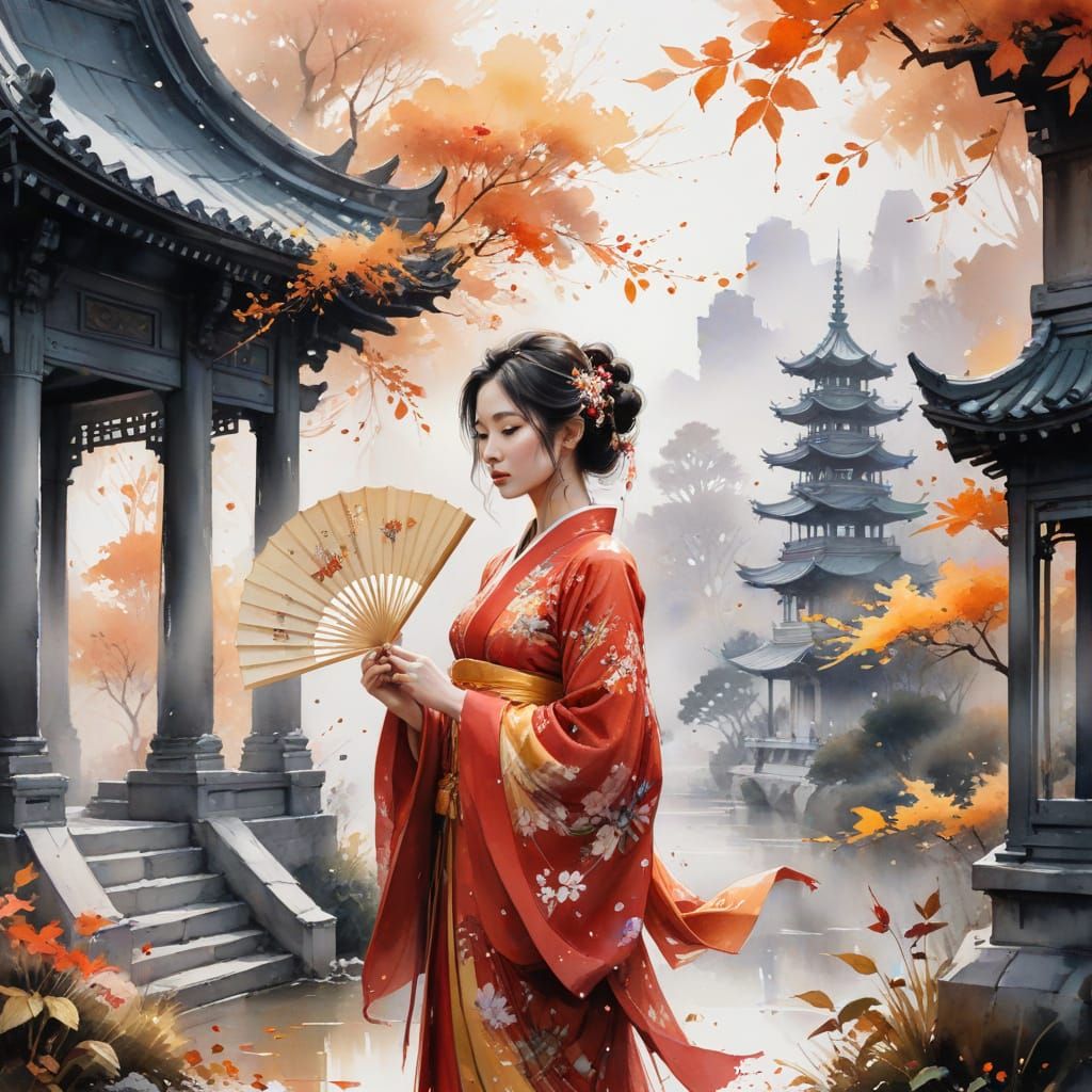 Asian Attire Meets Autumn Elegance in Watercolour Splendor