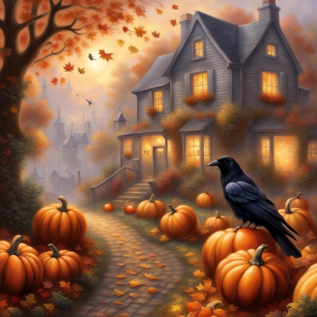 Enchanting Autumn Village Scene with Raven