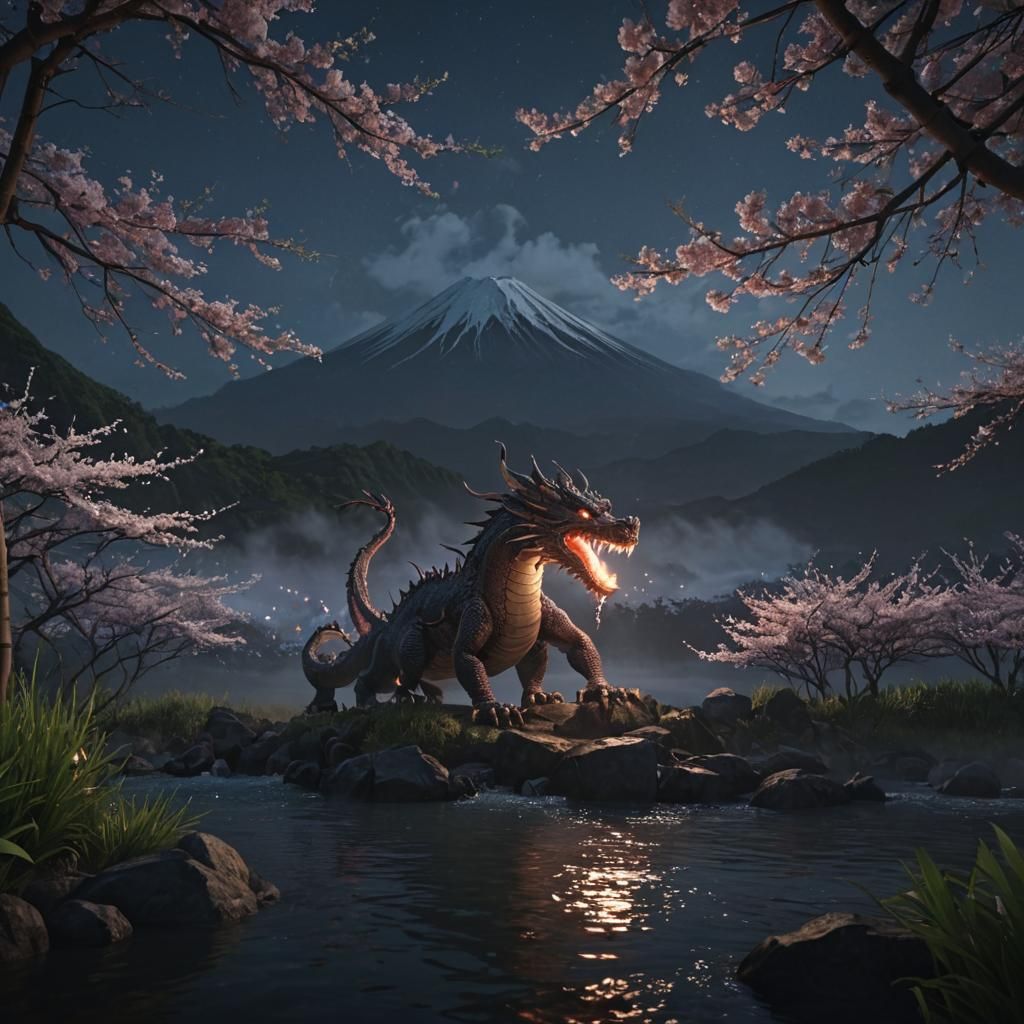 Dragon Emerges near Mt. Fuji at Night
