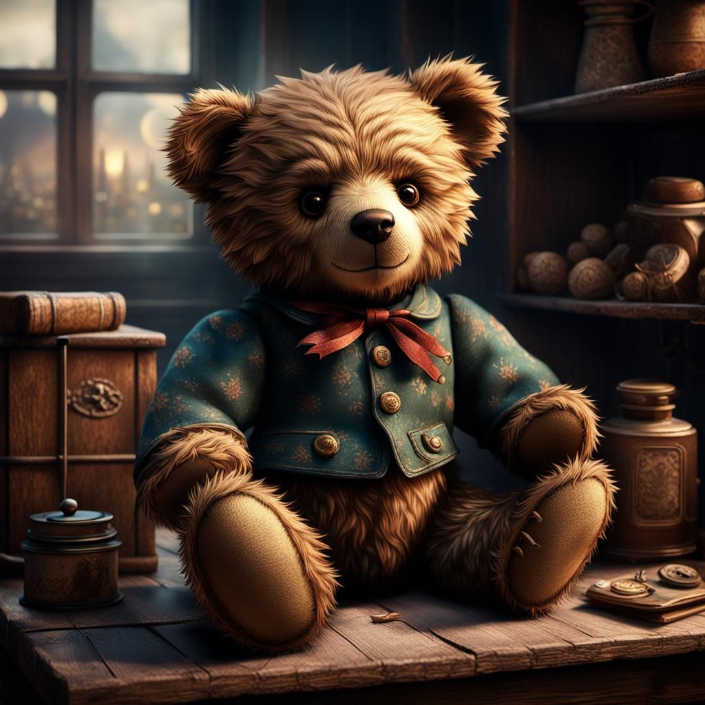 Vintage Teddy Bear with Patches, Detailed Matte Painting