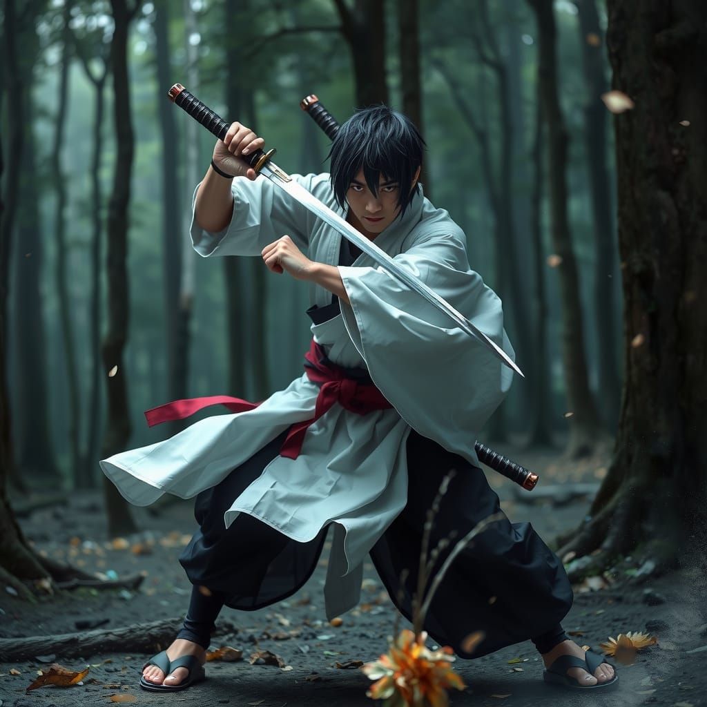 Naruto's Sasuke Uchiha in a Stormy Forest, Wielding Katana