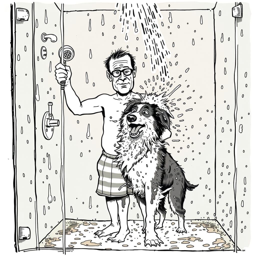 Steamy Shower Chaos: A Humorous Dog Wash in a Storybook Styl...