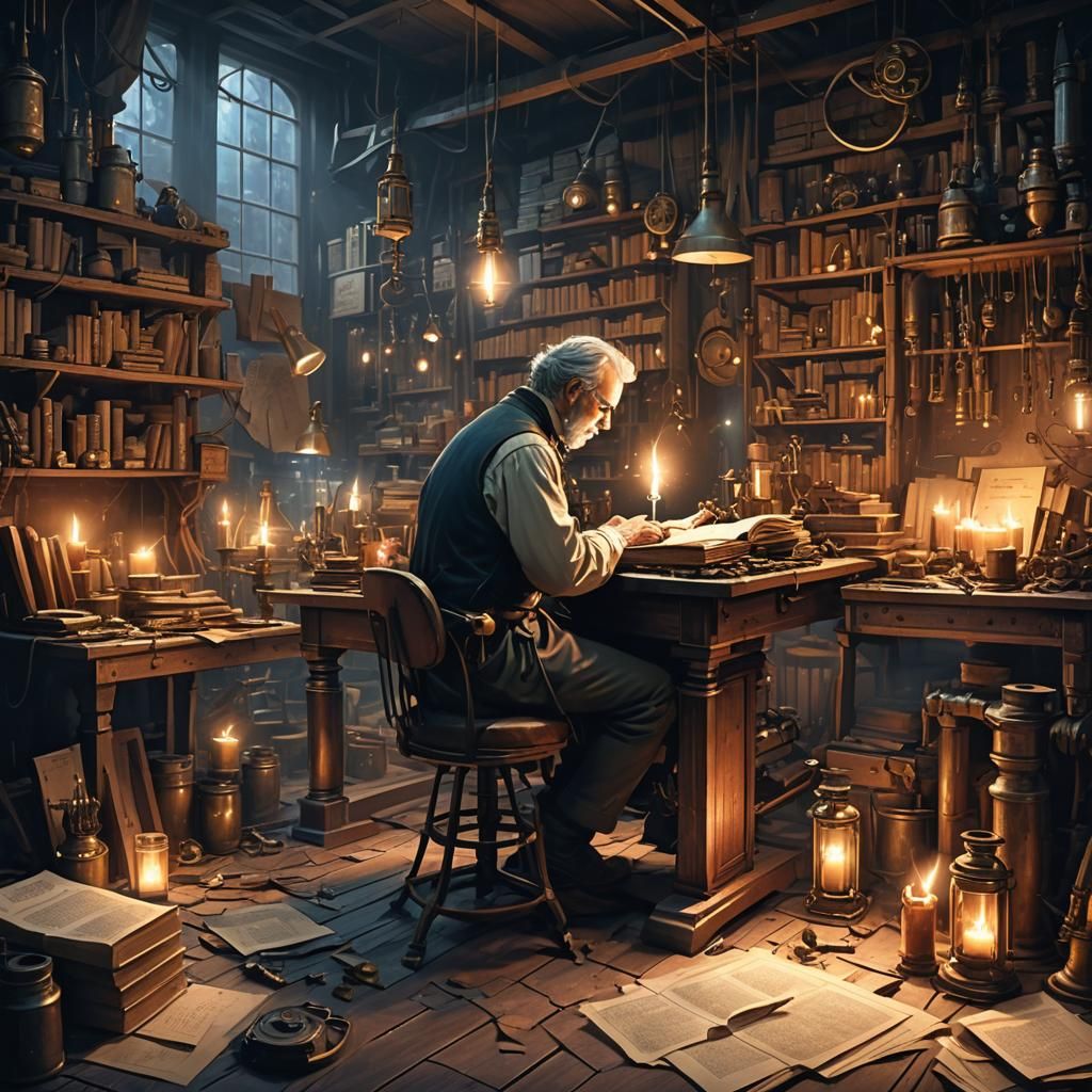 Inventor and Hologram in Dimly Lit Sci-Fi Workshop