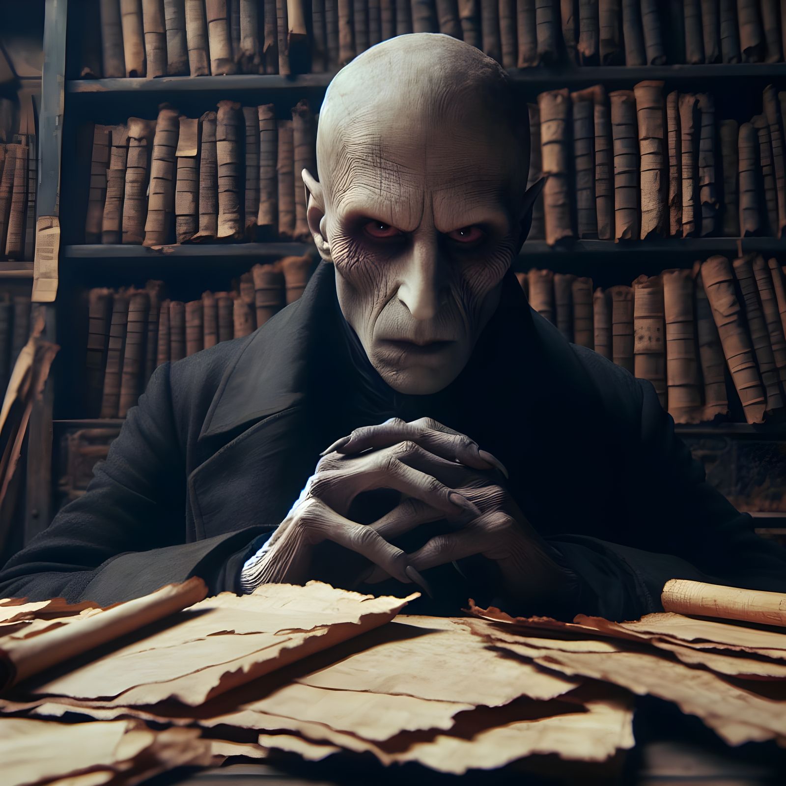 Gothic Horror Figure Lost in Thought Among Ancient Papyri