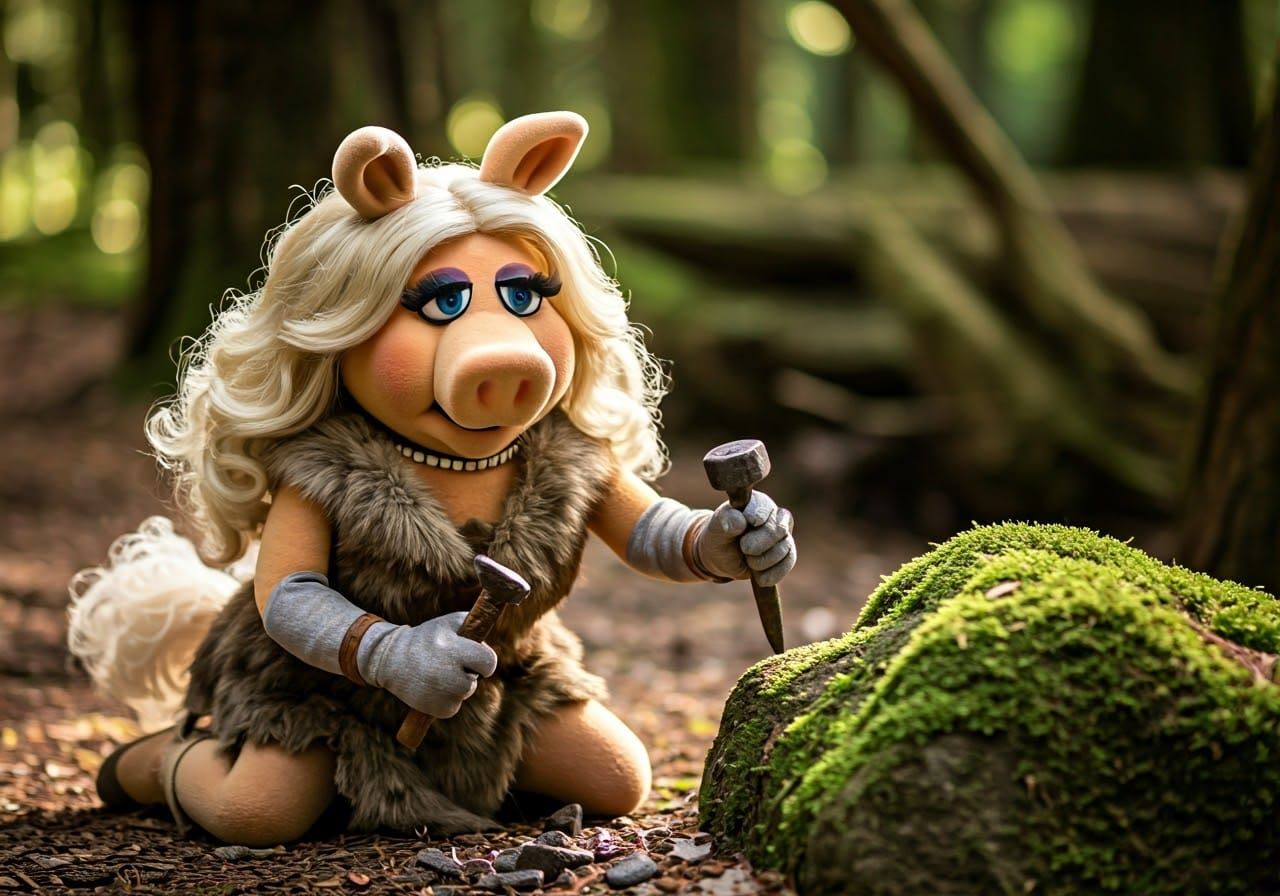 Miss Piggy, Cavewoman Stone Toolmaker in Earthy Landscape