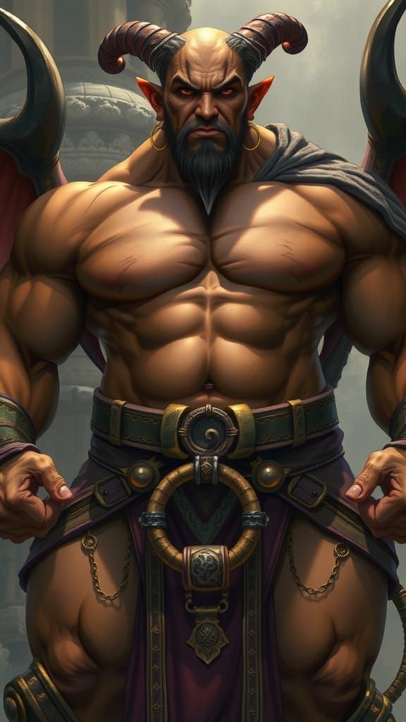 Muscled Persian Djinn with Fiery Eyes and Gold Earring