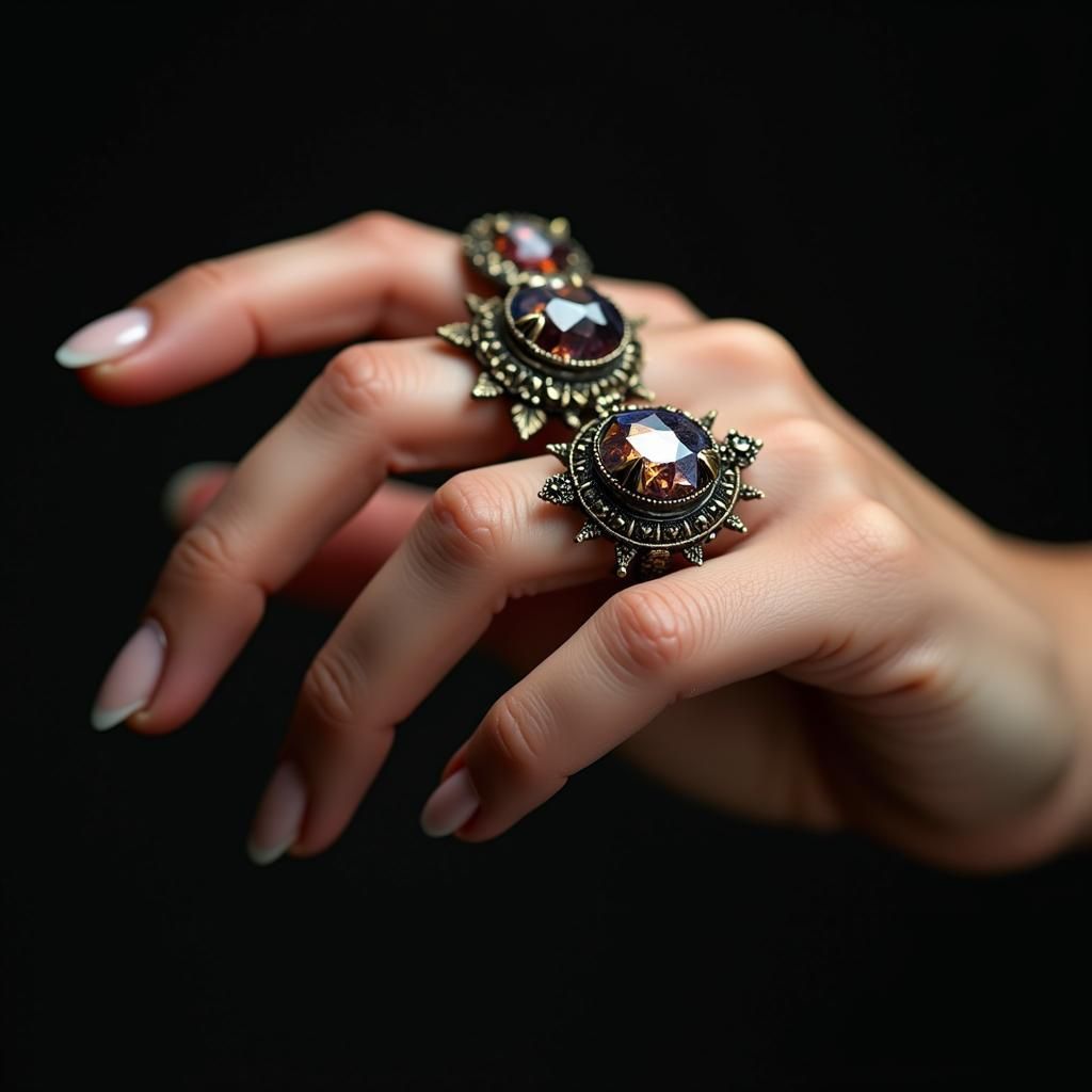 Mystical Rings on Woman's Hand: Close-Up