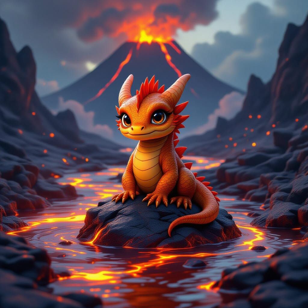 Baby Dragon in Lava River: Hyperrealistic Digital Art
