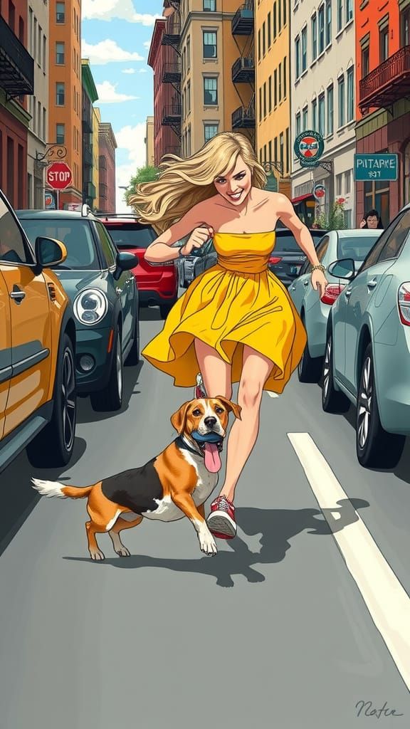 Woman Chasing Beagle in Crowded Street, Folk Art