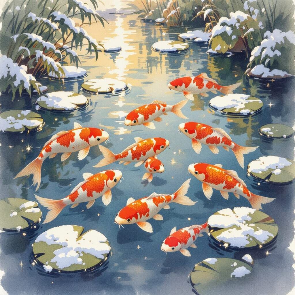 Koi Fish in Snowy Pond Watercolor Christmas Scene