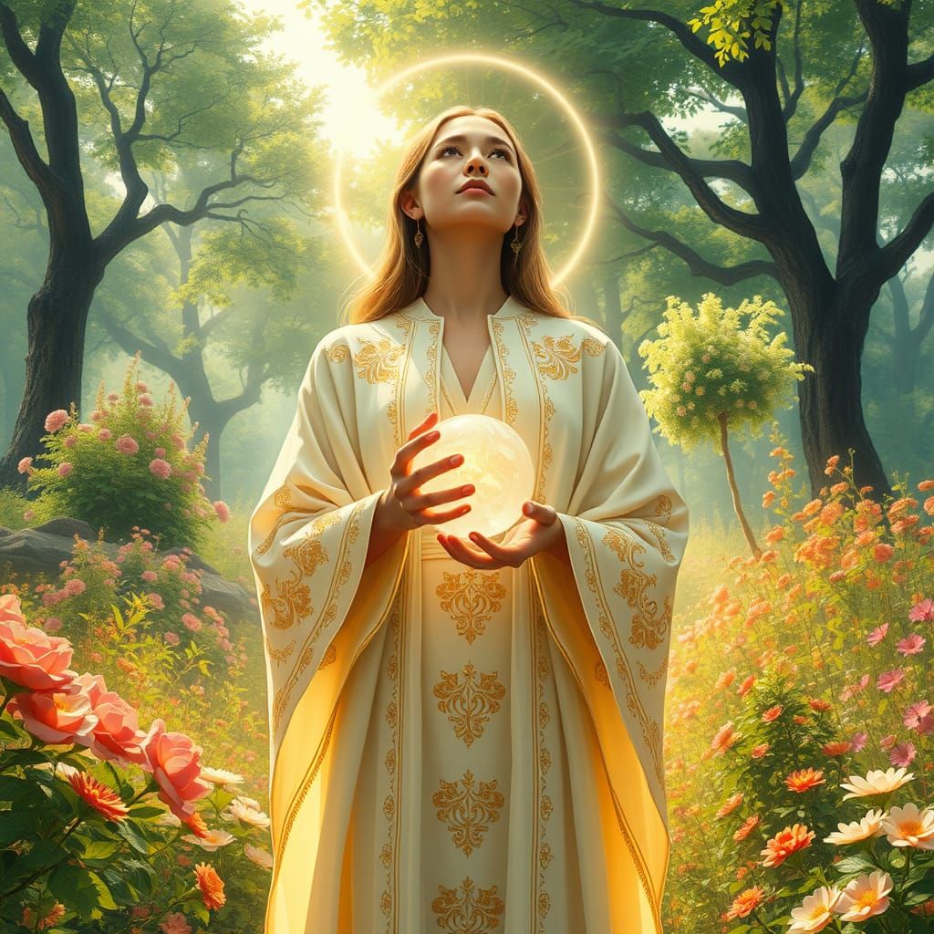 Serene Woman in a Lush Garden Radiates Kindness and Hope