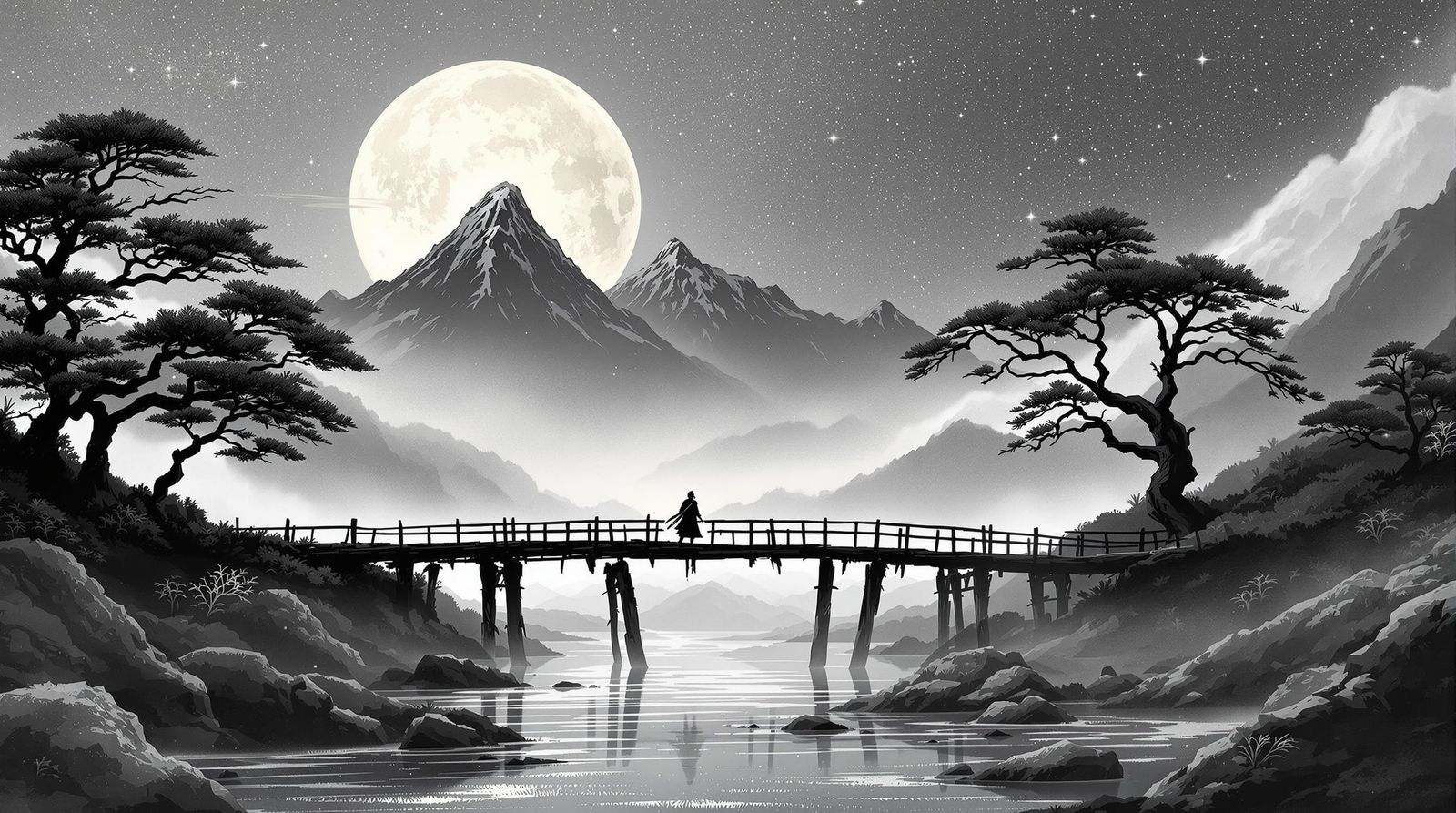 Warrior Crosses Bridge Under Giant Moon in Japanese Style