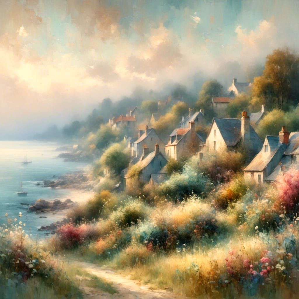 Impressionist Coastal Scene with Misty Waters