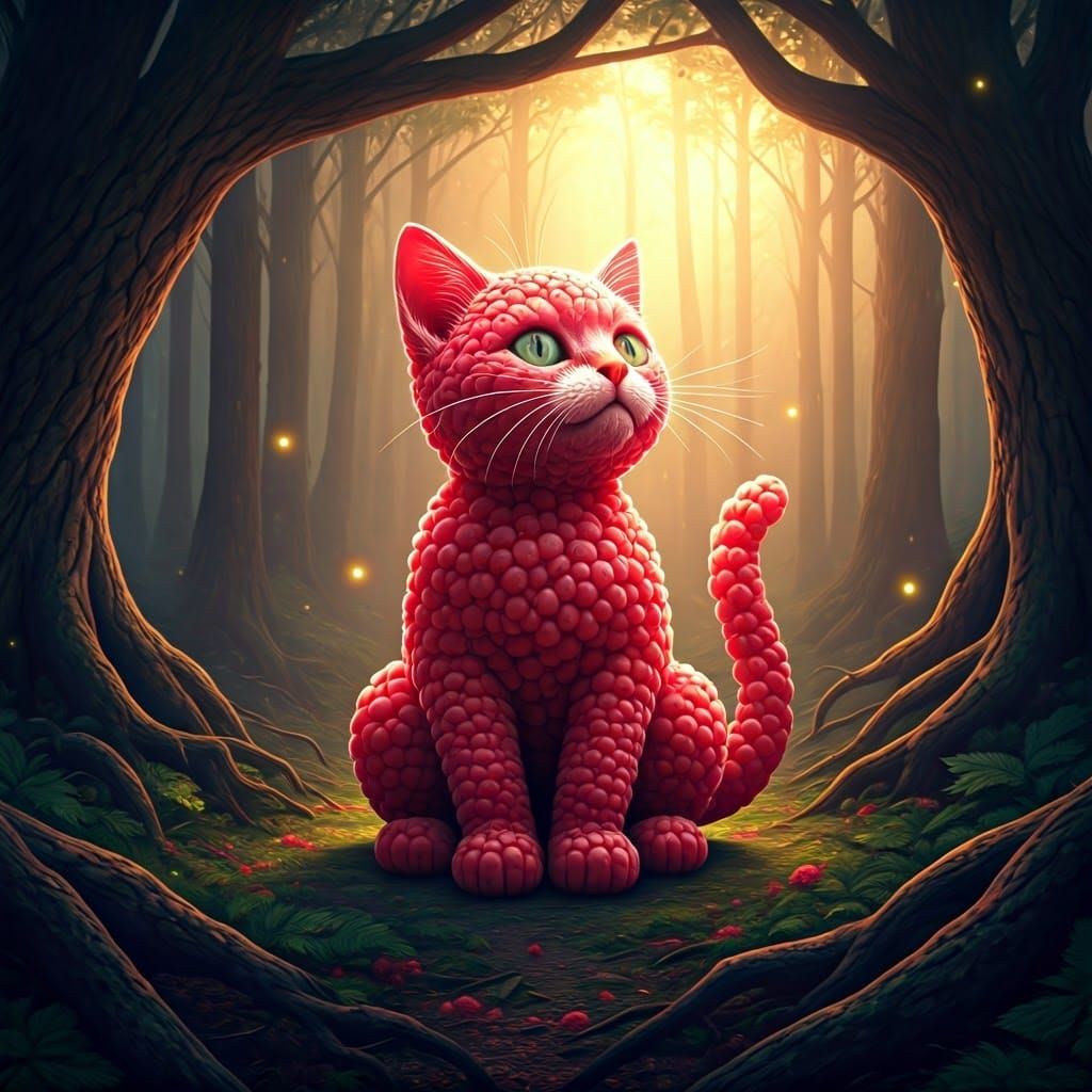 Enchanted Raspberry Kitten in Whimsical Forest Scene