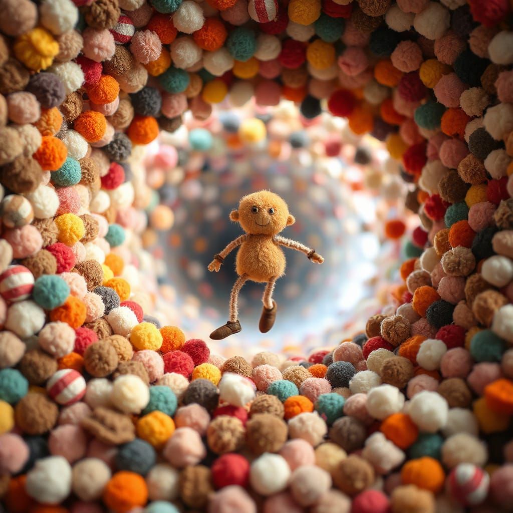 Pompom Person and Vortex in Whimsical Surrealism