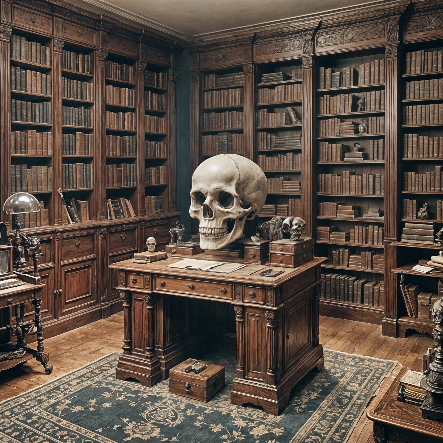 Victorian Desk with Nautilus Blueprints and Skull