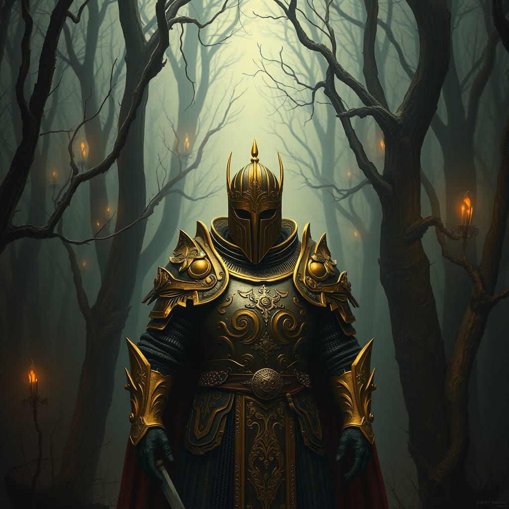 Midas in Golden Armor Amidst Withered Trees
