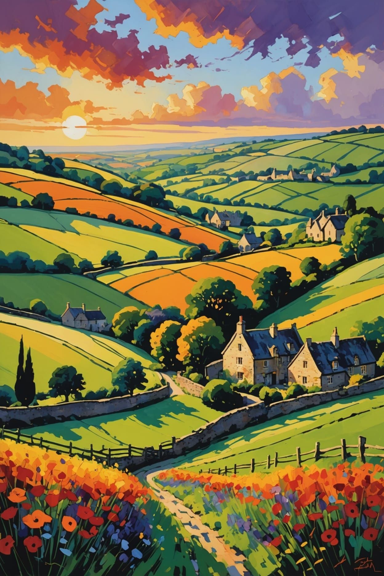 Cotswold Sunset in Expressionist Style
