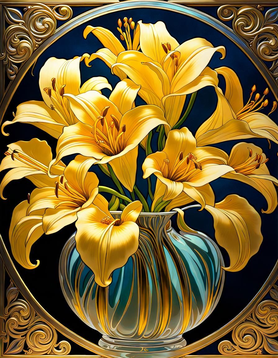 Gold Lilies in Glass Vase, Art Nouveau Style