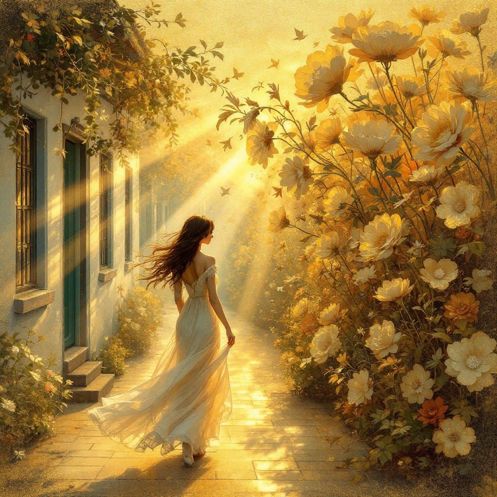 Klimt-Inspired Digital Art with Golden Leaf and Floral Eleme...