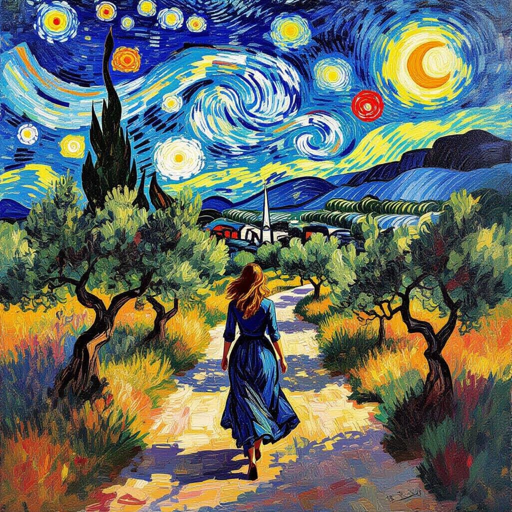 Olive Grove Scene in Post-Impressionist Surrealist Style