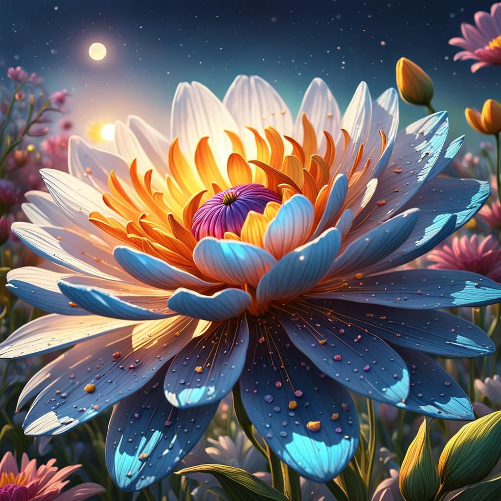 Sunrise Flower in Moonlight: Hyperrealistic Splash Art