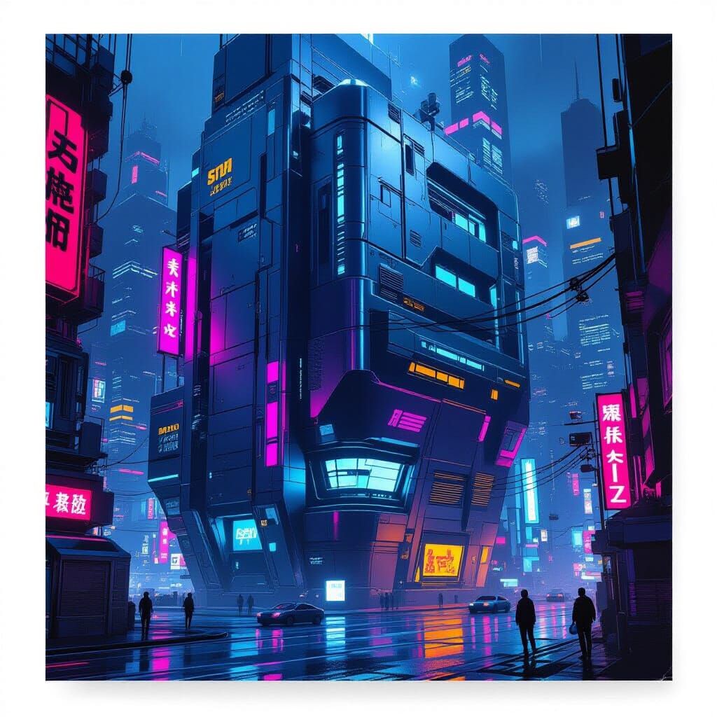 Futuristic Building in Dense Cityscape with Neon Lights