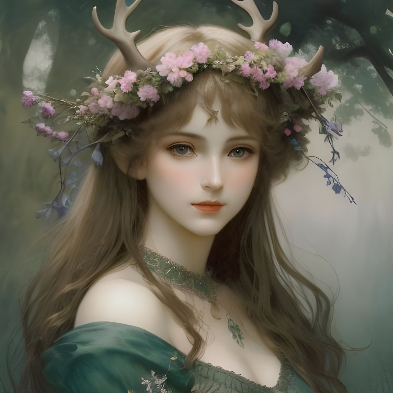 Girl with Antlers in Moody Forest