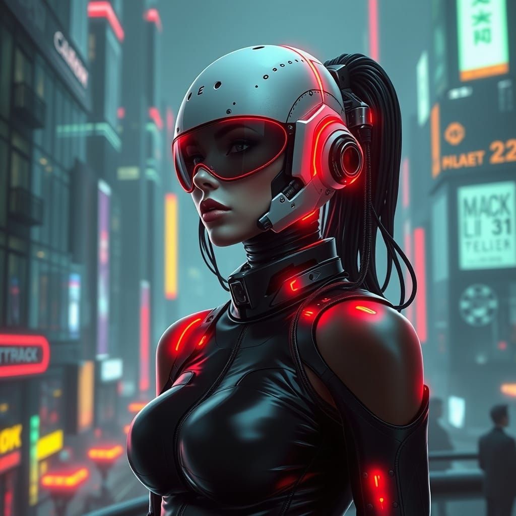 Cyberpunk Cyborg Integrates with Futuristic Cityscape