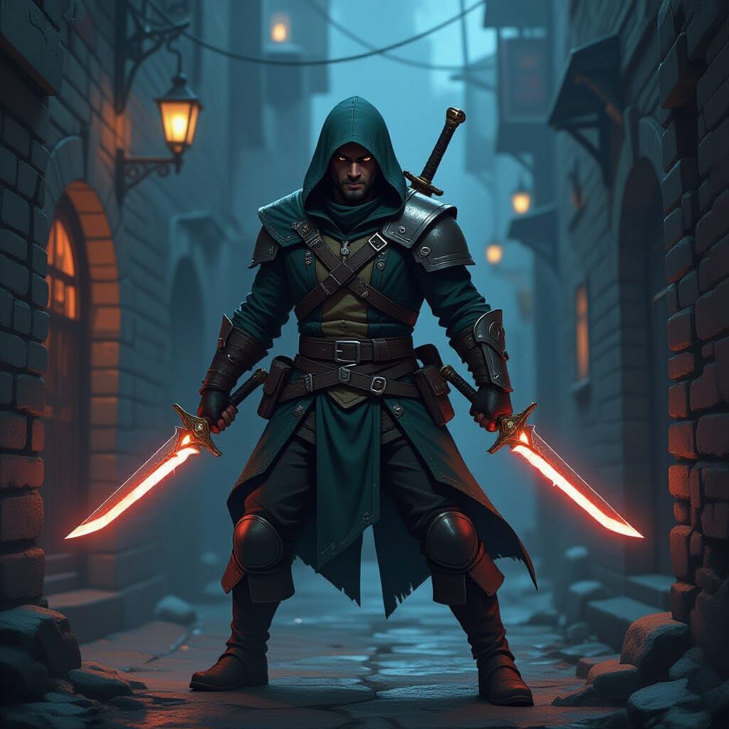 Rogue Ranger Character With Glowing Daggers in Dark Alley